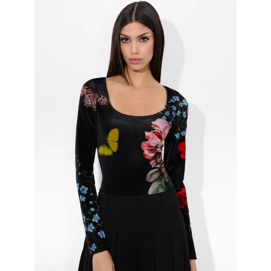 Alice + Olivia Delaina Long Sleeve Top In The Wind Floral Butterfly M Nwt $275